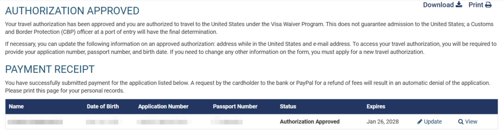 ESTA申請サイトのESTA認証承認画面のキャプチャ画像（英語）