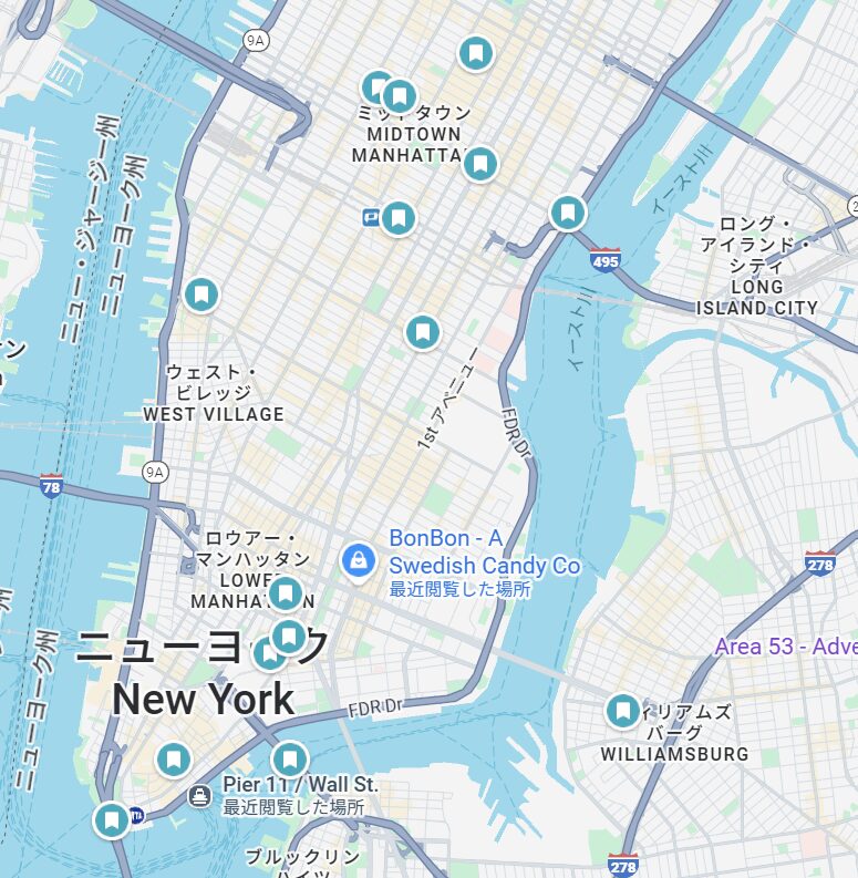 Googleマップ上に表示される複数のリスト追加済みの場所