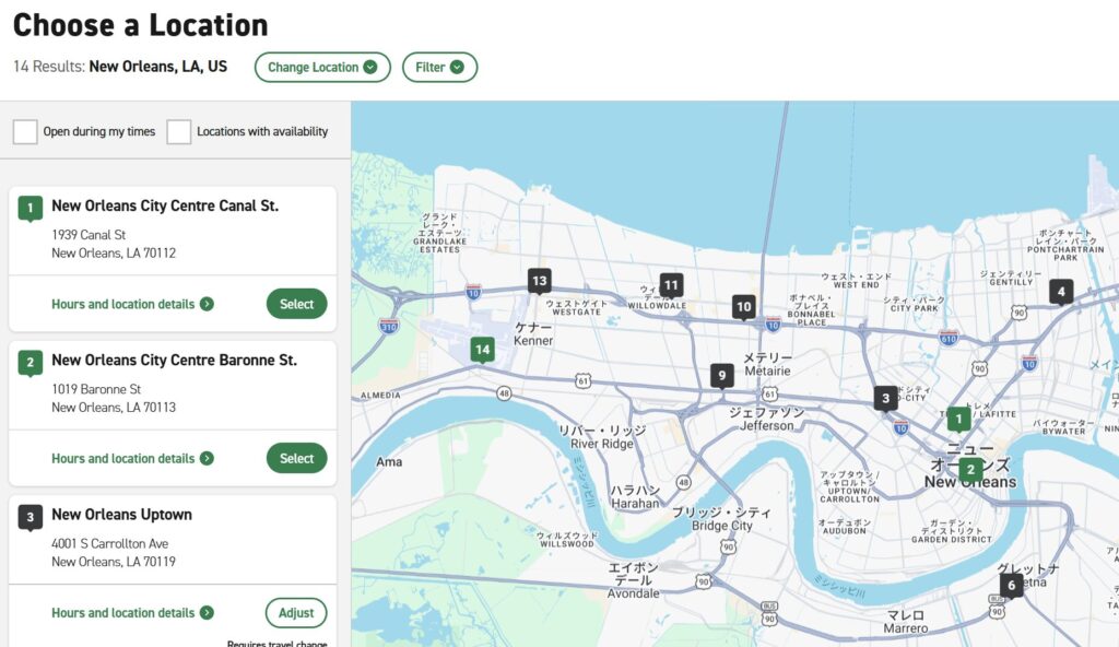 New Orleans周辺のEnterpriseレンタカー営業所が地図上に表示された検索結果