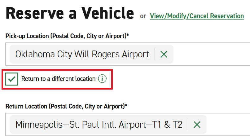 Enterpriseのレンタカー検索画面で返却場所を指定する「Return to a different location」オプション