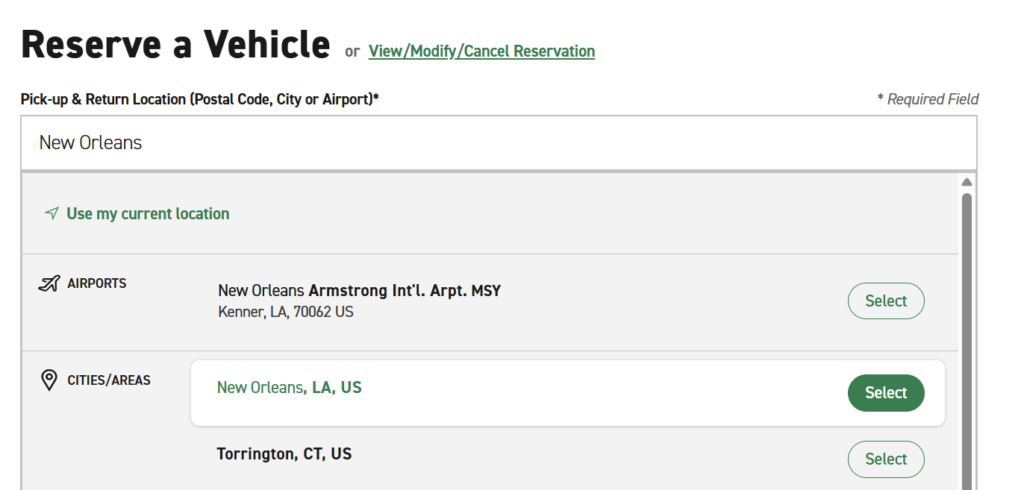 Enterprise公式サイトで都市を指定してレンタカー営業所を検索する画面
