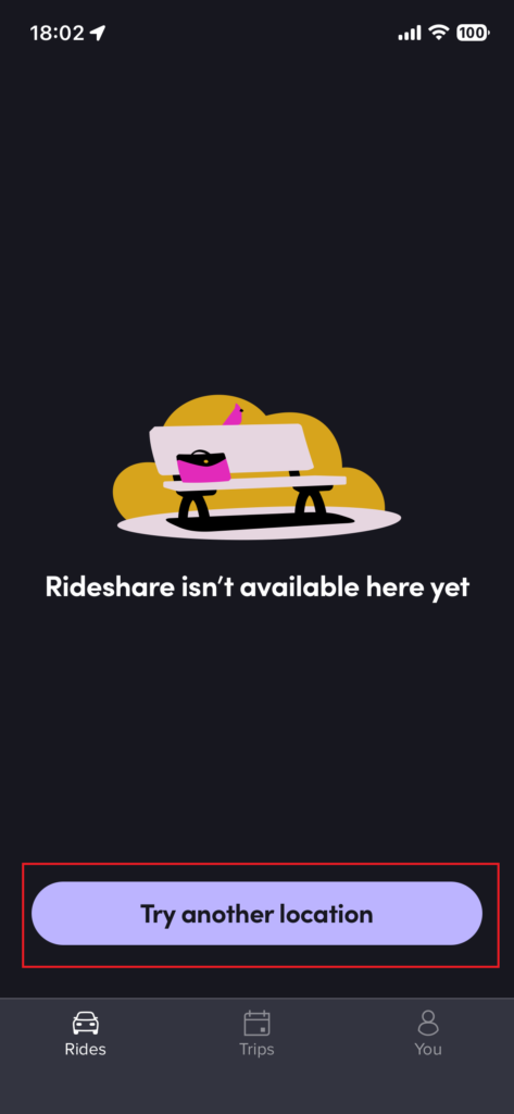 Lyftで「Rideshare isn't available here yet」と表示されている画像