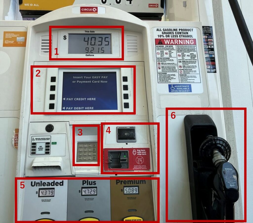 アメリカのガソリンスタンドの給油機の写真